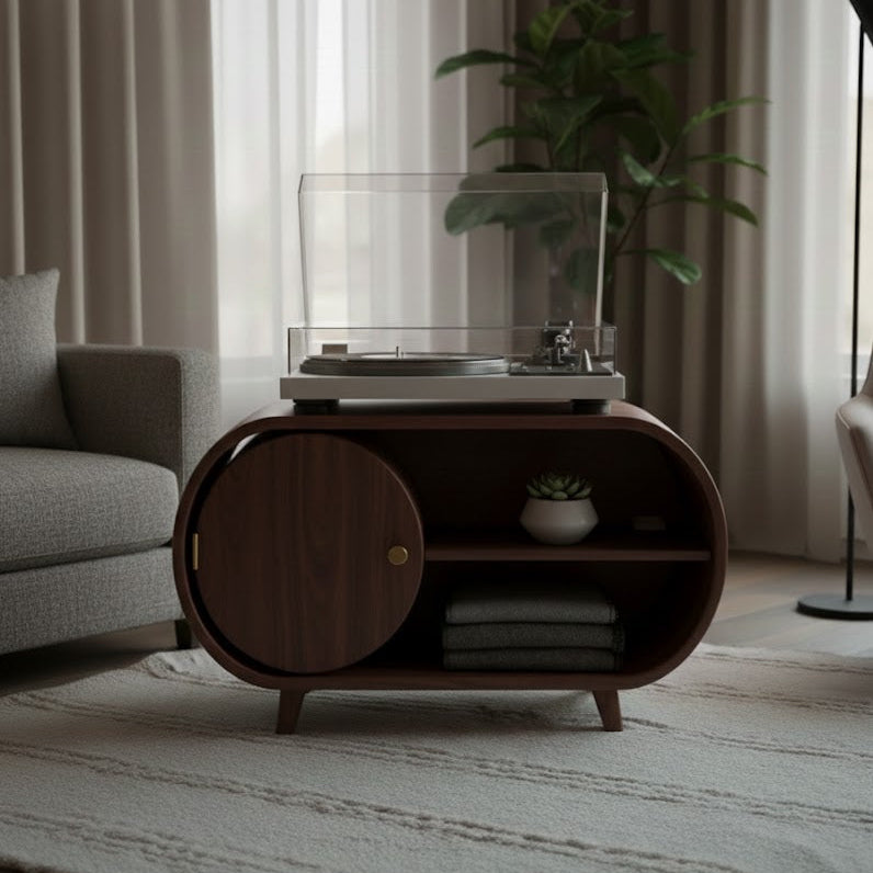 Solid Wood Oval Media Console – Modern Vinyl Storage