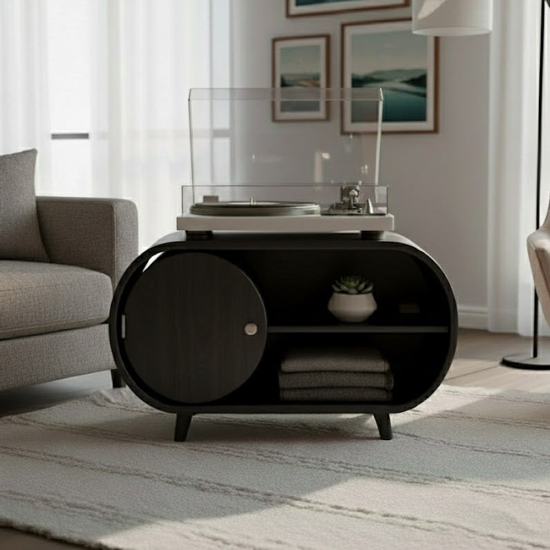 Solid Wood Oval Media Console – Modern Vinyl Storage