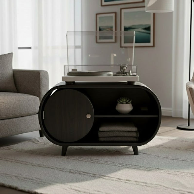 Solid Wood Oval Media Console – Modern Vinyl Storage Main Image