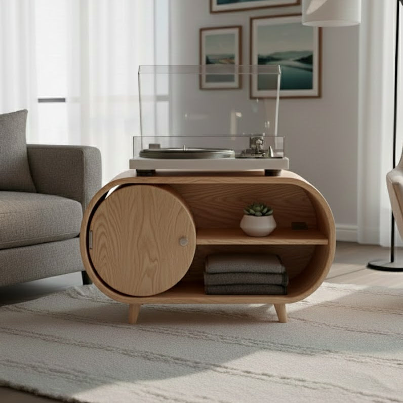 Solid Wood Oval Media Console – Modern Vinyl Storage
