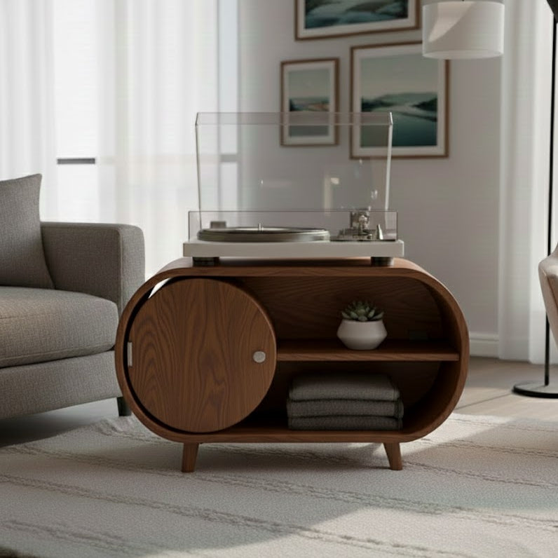 Solid Wood Oval Media Console – Modern Vinyl Storage