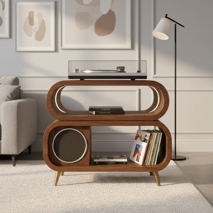 Solid Wood Oval Hi-Fi Media Console – Turntable & Vinyl Stand