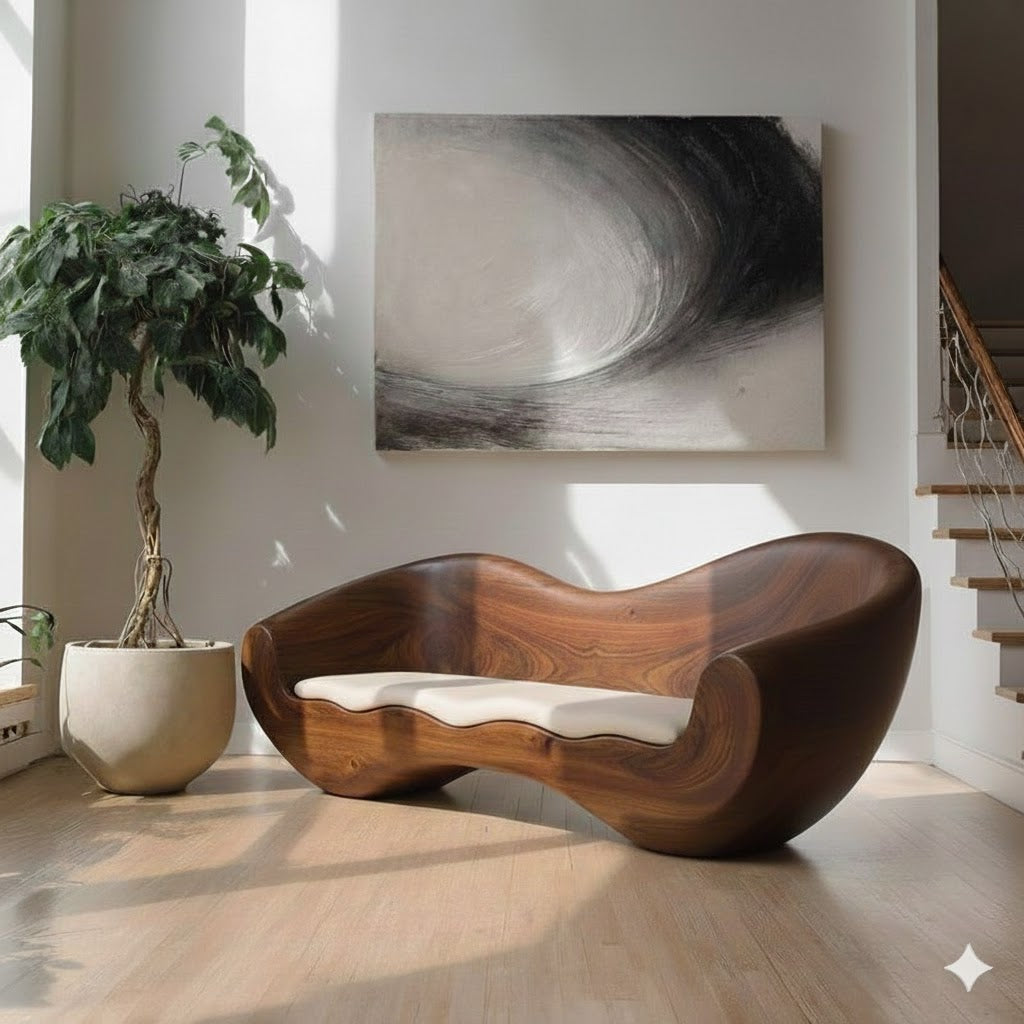Solid Wood Wave Lounge Chair – Sculptural Accent Chair