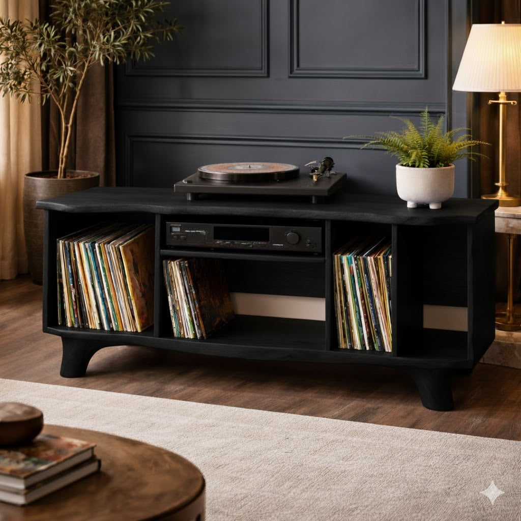 Solid Wood Media Console Table – Organic Modern TV & Vinyl Storage