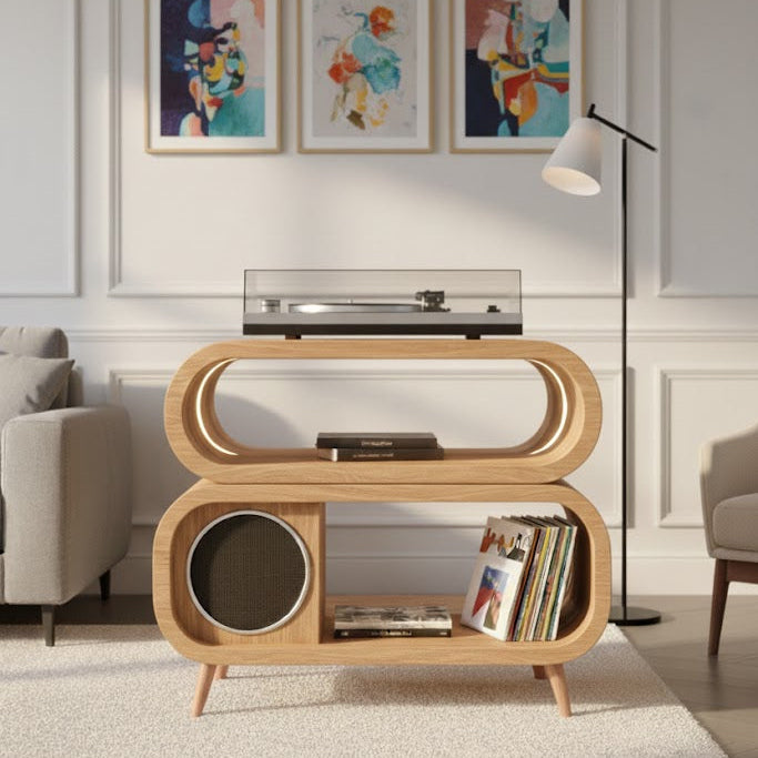 Solid Wood Oval Hi-Fi Media Console – Turntable & Vinyl Stand