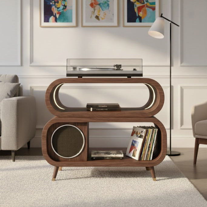Solid Wood Oval Hi-Fi Media Console – Turntable & Vinyl Stand