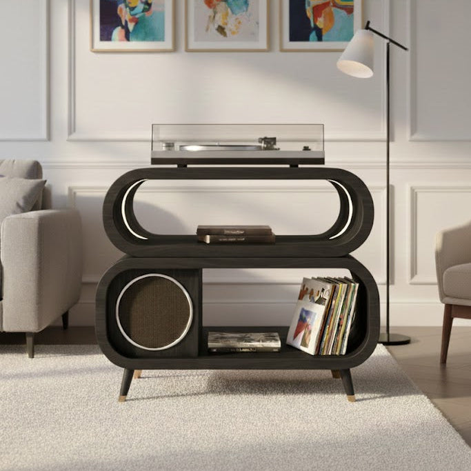 Solid Wood Oval Hi-Fi Media Console – Turntable & Vinyl Stand