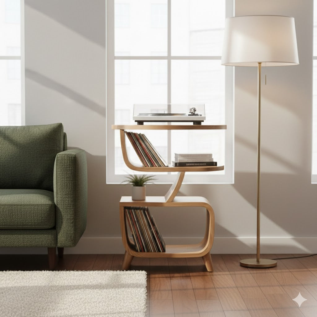 Solid Wood Sculptural Floor Shelf – Organic Modern Book & Vinyl Display