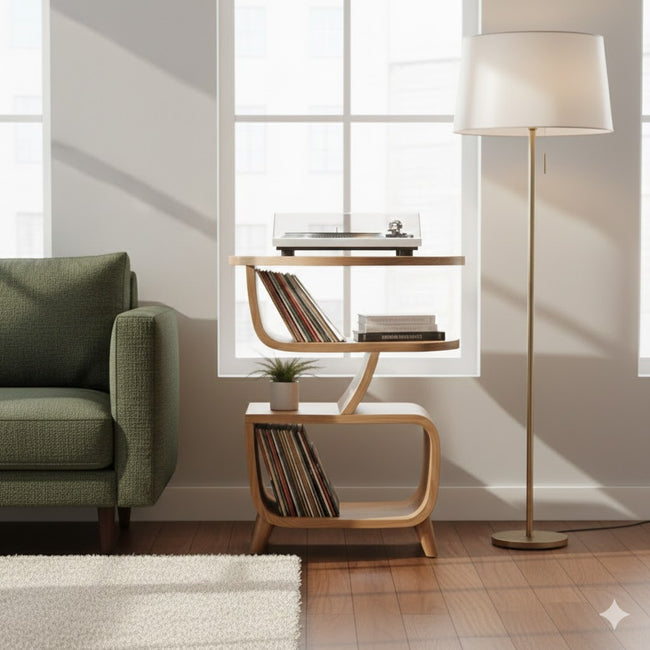 Solid Wood Sculptural Floor Shelf – Organic Modern Book & Vinyl Display Main Image