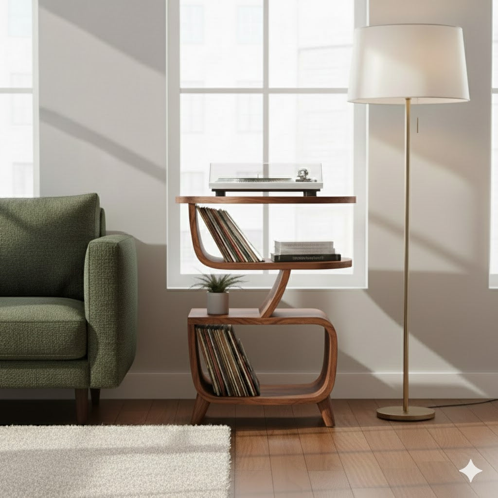 Solid Wood Sculptural Floor Shelf – Organic Modern Book & Vinyl Display