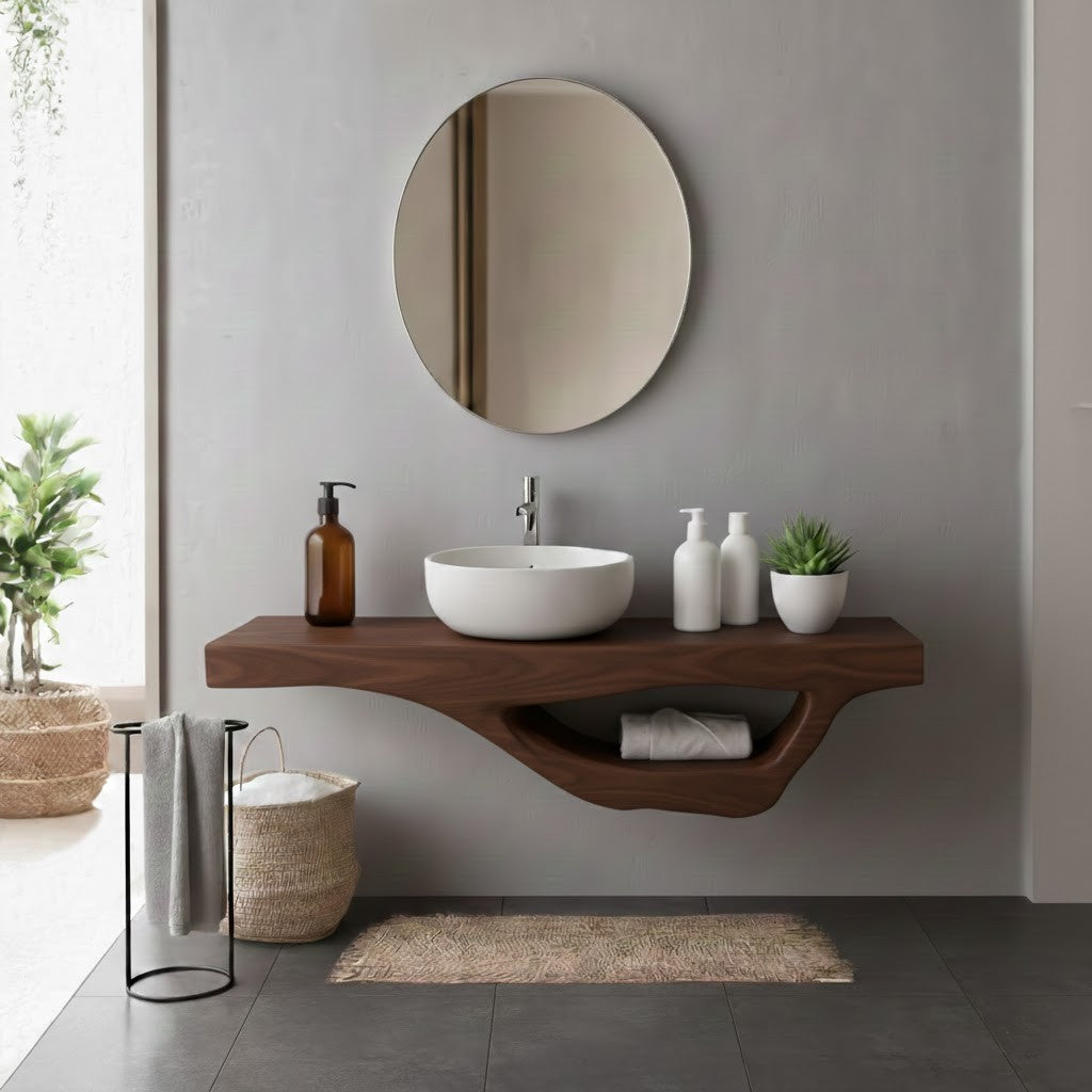 Floating Bathroom Shelf – Natural Wood Shelf with Square Mirror
