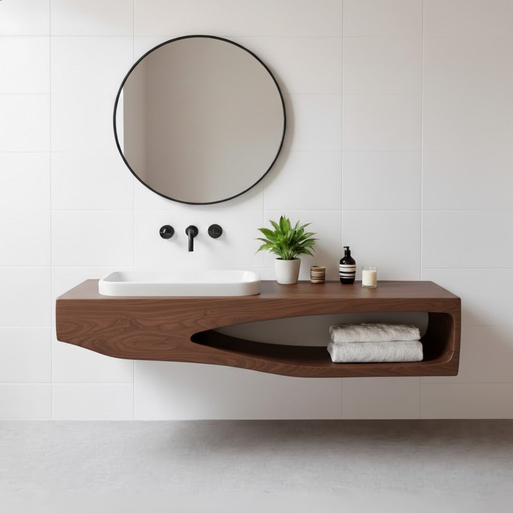 Natural Wood Bathroom Vanity with Round Mirror – Wall-Mount Shelf Set