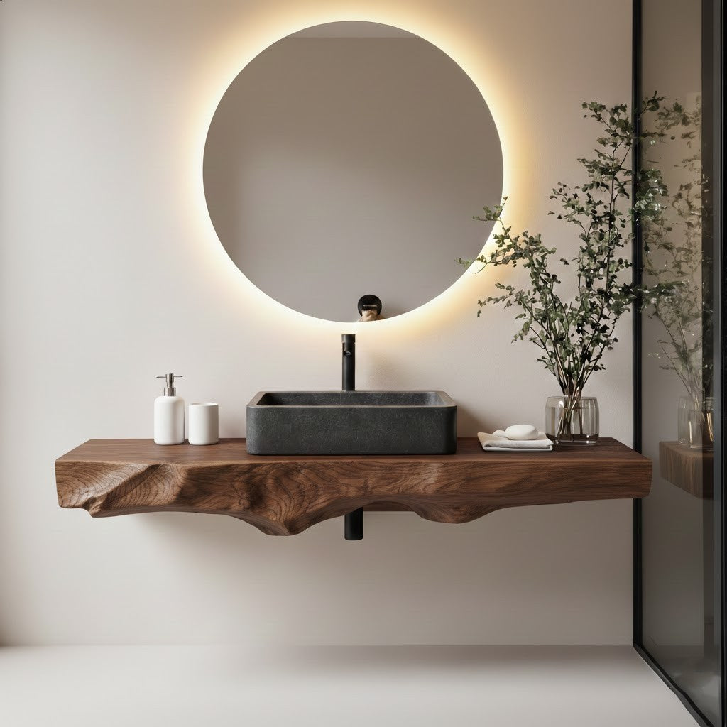 Floating Bathroom Shelf – Natural Wood Shelf with Circular Mirror